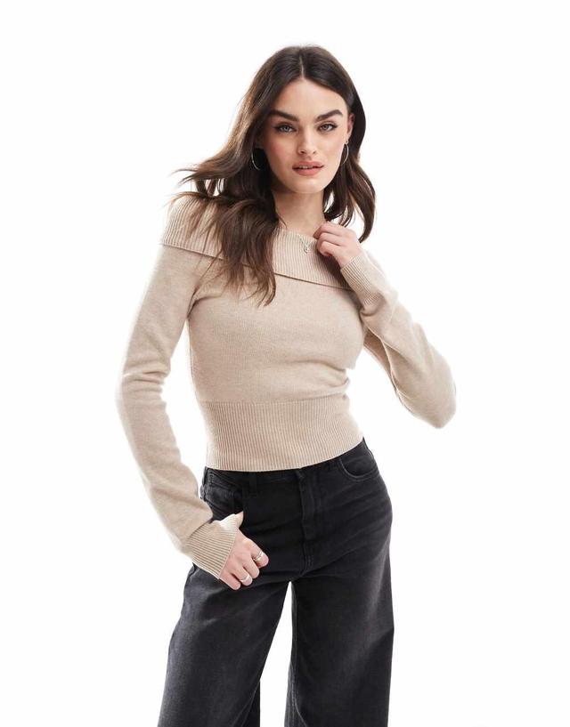 Bershka bardot knitted sweater in taupe Product Image