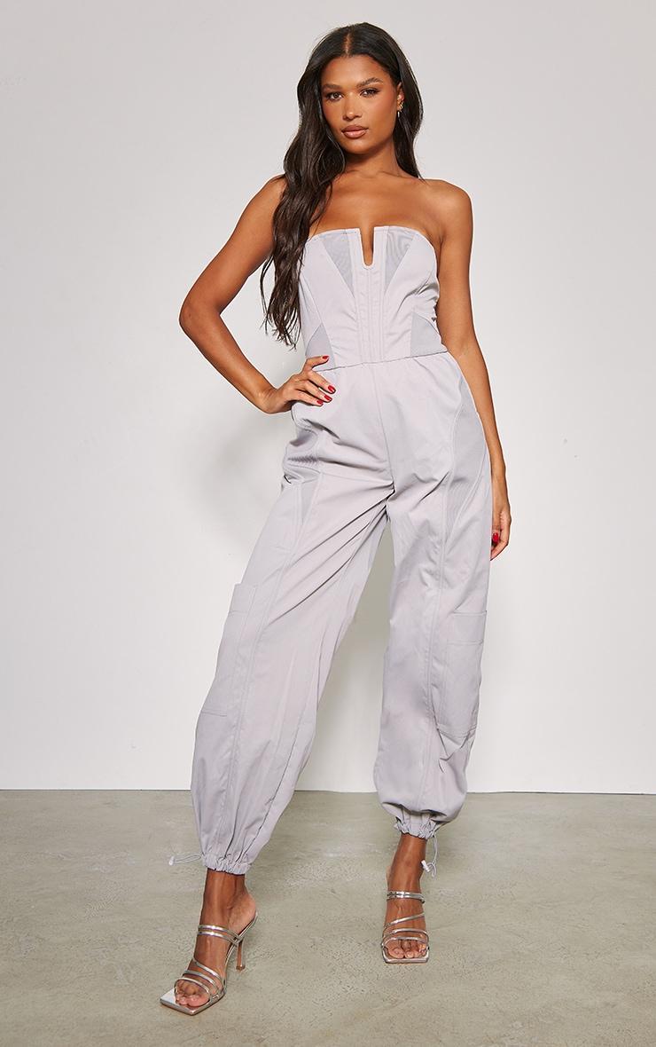 Grey Contrast Panel V Bar Cargo Jumpsuit Product Image