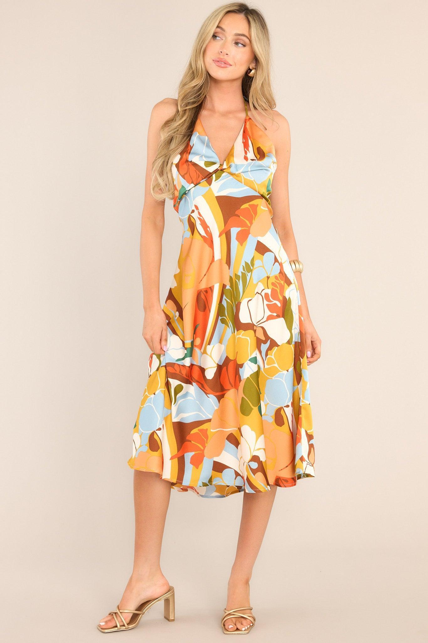 Ultimate Getaway Orangeade Tropical Print Halter Midi Dress Product Image