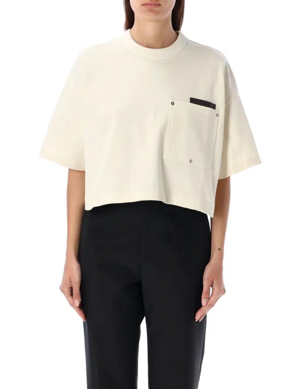 Cropped T-shirt With Leather Detail In White Product Image