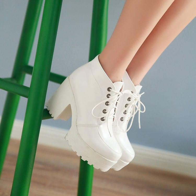 Block Heel Lace-Up Ankle Boots Product Image