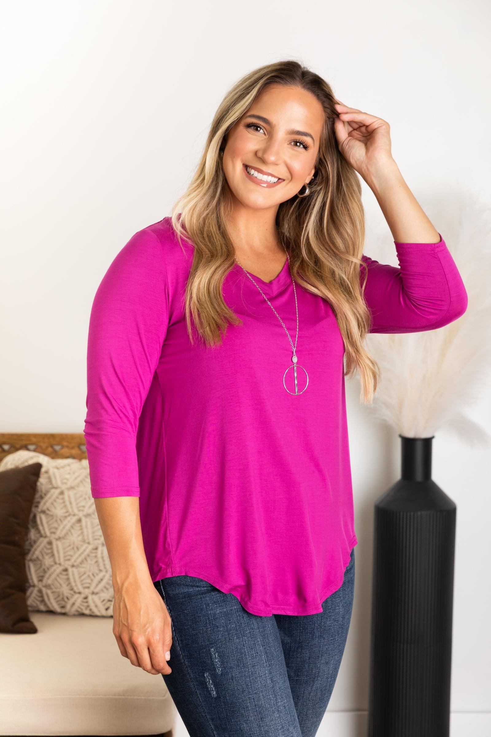 Solid 3/4 V-Neck Knit Top Product Image