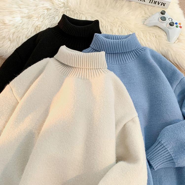 Long-Sleeve Turtleneck Plain Sweater Product Image