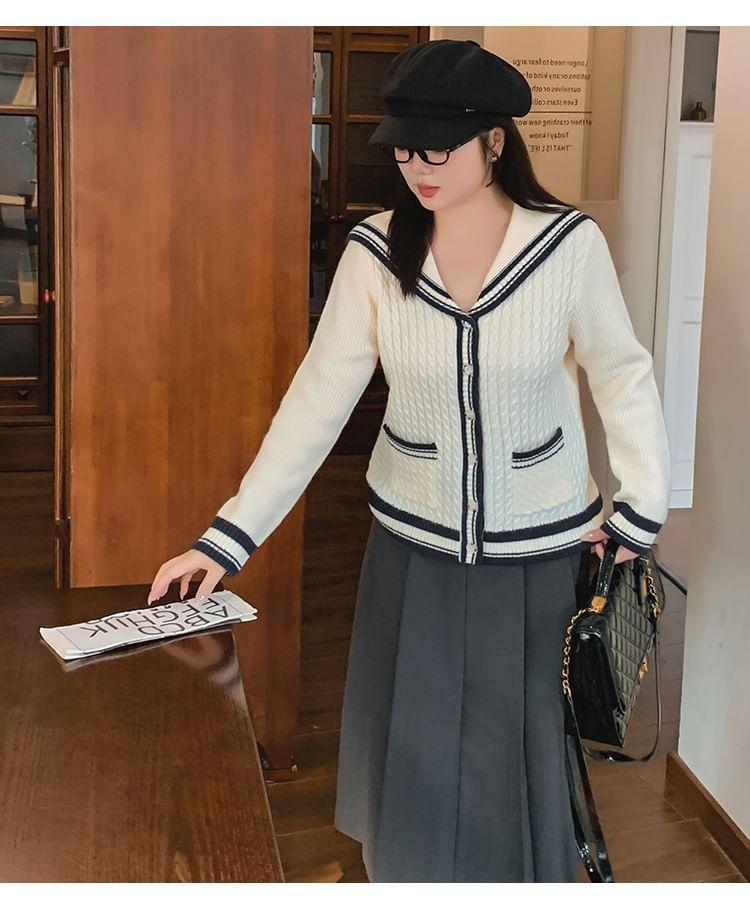 Sailor Collar Striped Cable Knit Cardigan Product Image