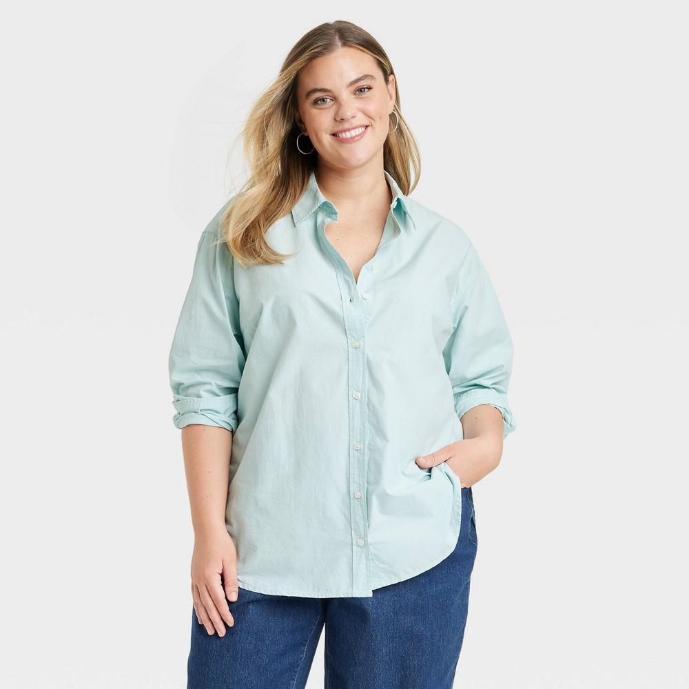 Womens Oversized Long Sleeve Collared Button-Down Shirt - Universal Thread Aqua XXL Product Image