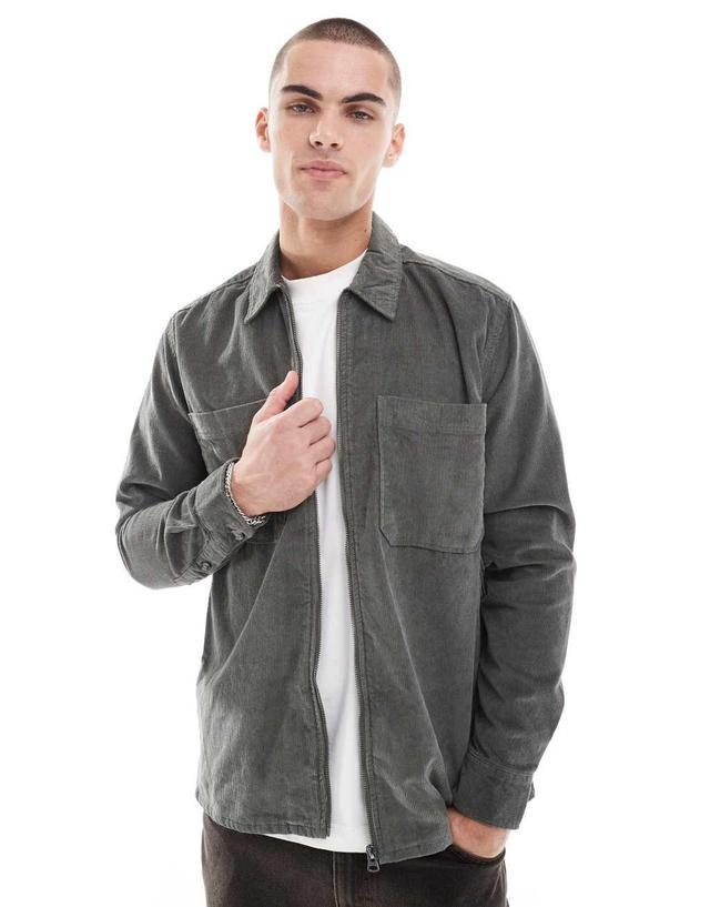 ONLY & SONS zip up cord overshirt in dark khaki Product Image