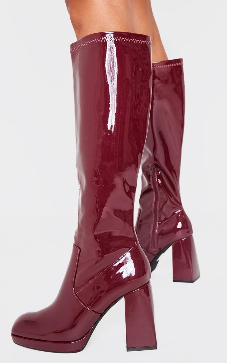 Burgundy Patent PU Square Toe High Block Heel Knee High Boots Product Image