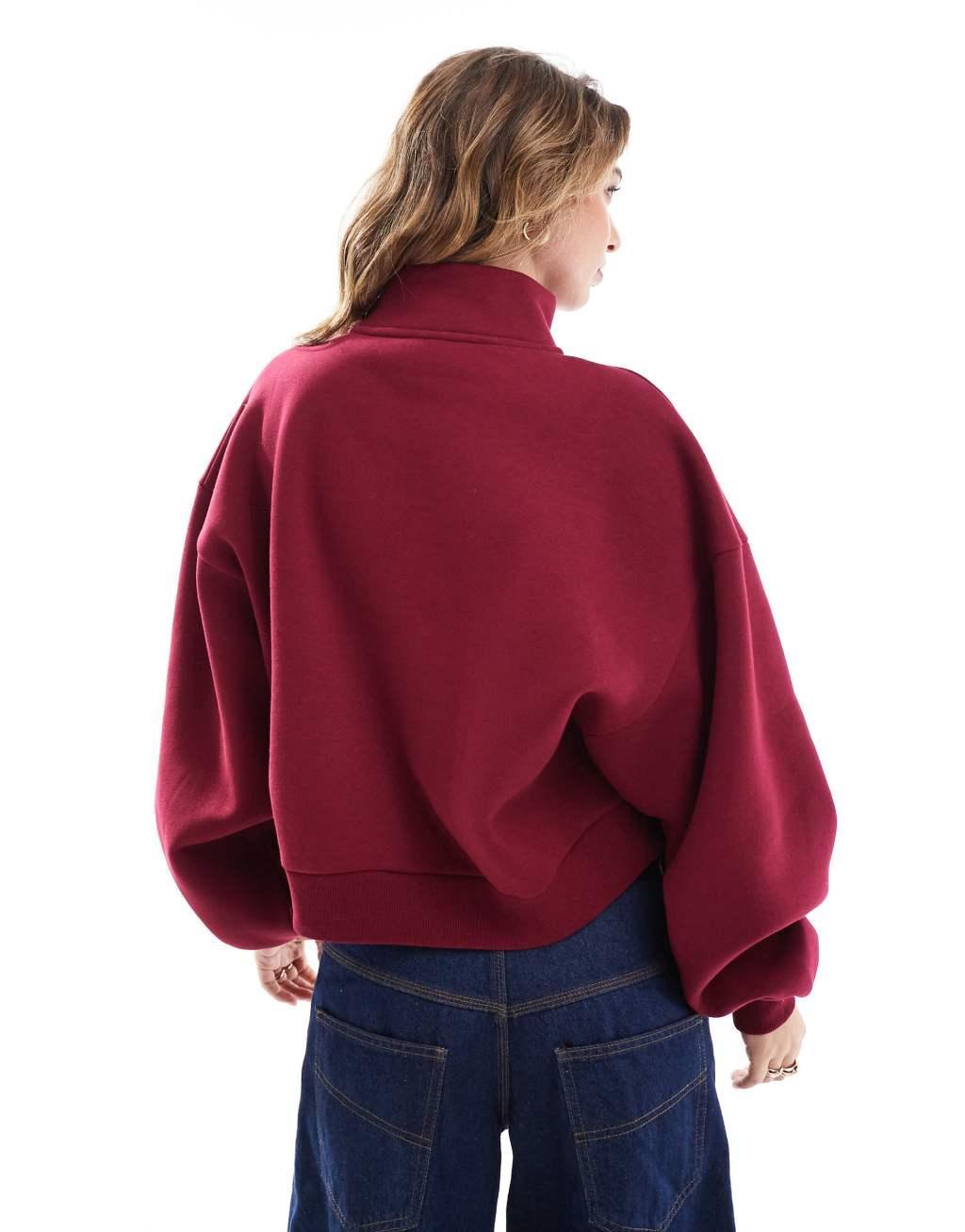 ASOS DESIGN half zip sweatshirt in burgundy Product Image