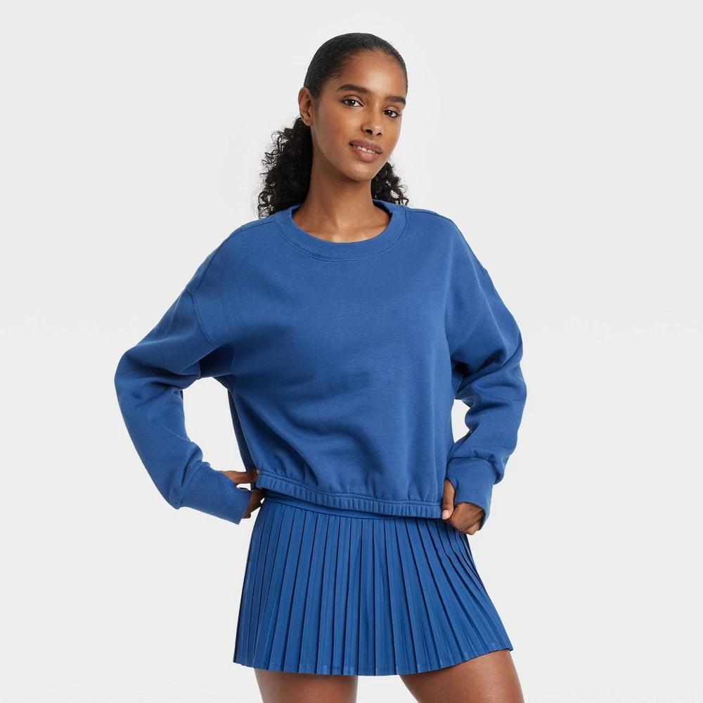 Womens Fleece Cropped Crewneck Pullover Sweatshirt - JoyLab Sapphire Blue M Product Image