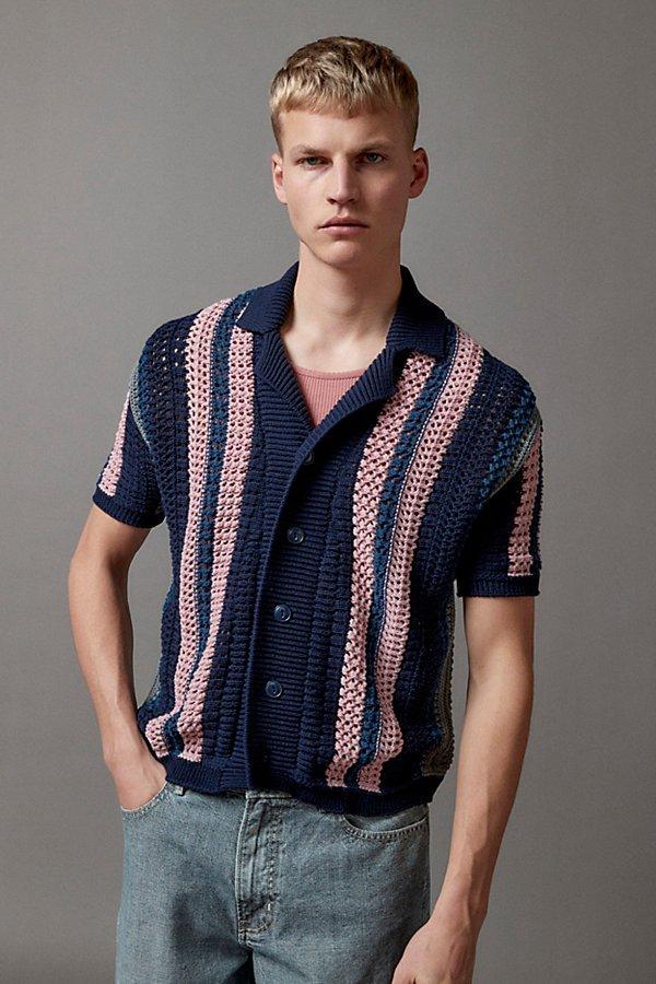 BDG Striped Button-Down Short Sleeve Polo Sweater Mens at Urban Outfitters Product Image