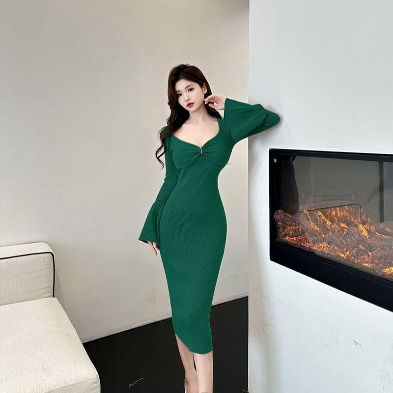 Flare-Sleeve V-Neck Plain Knit Midi Sheath Dress Product Image