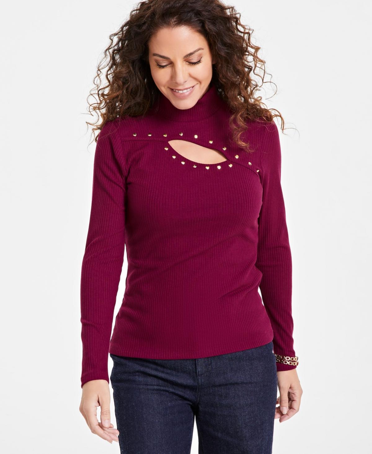 I.n.c. International Concepts Womens Studded Cut-Out Mock-Neck Top, Created for Macys Product Image