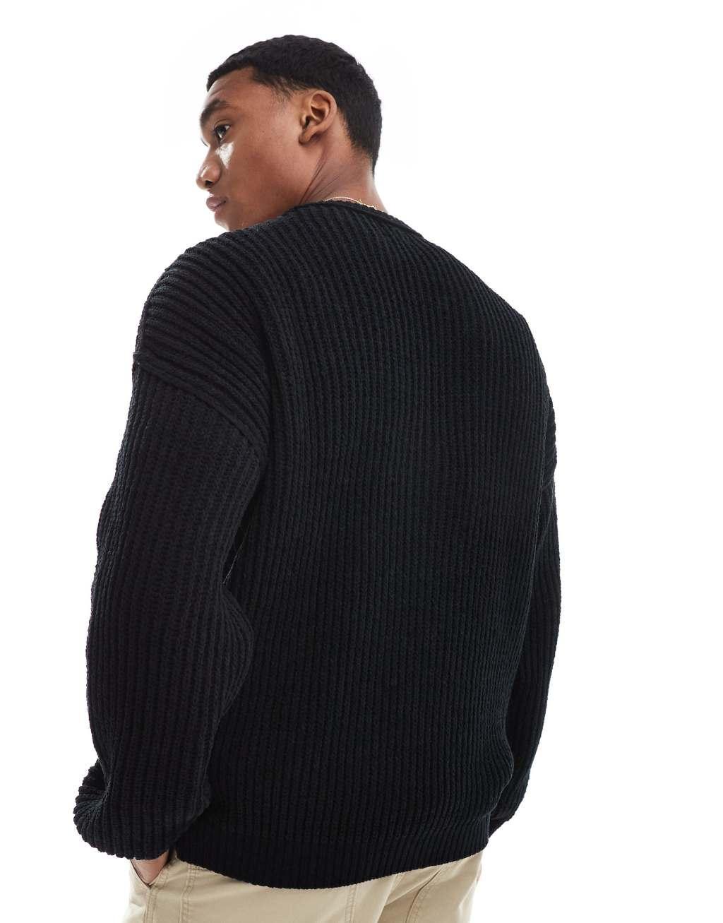 ASOS DESIGN relaxed knit crew neck rib sweater in black Product Image