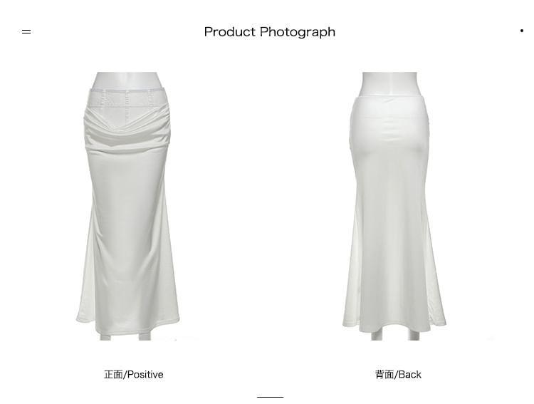 Halter Neck Plain Faux Pearl Accent Crop Top / High Rise Mock Two-Piece Lace Panel Ruched Maxi Fishtail Skirt Product Image