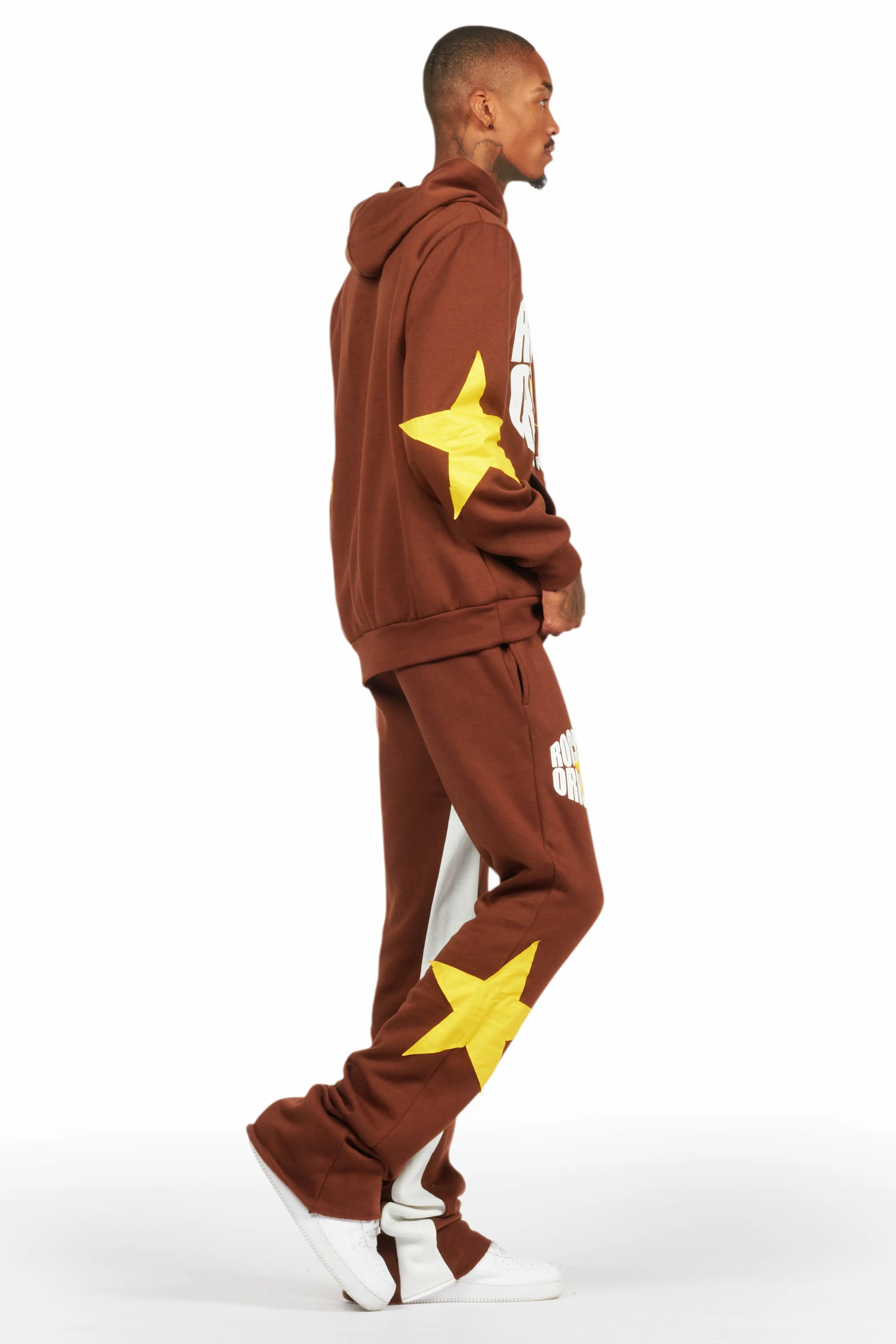 States Brown Baggy Stacked Hoodie Track Set Male Product Image