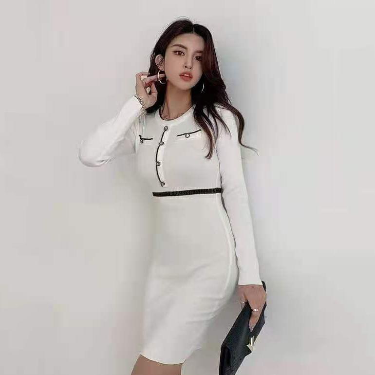 Long Sleeve Round Neck Plain Contrast Trim Button Mini Bodycon Dress Product Image