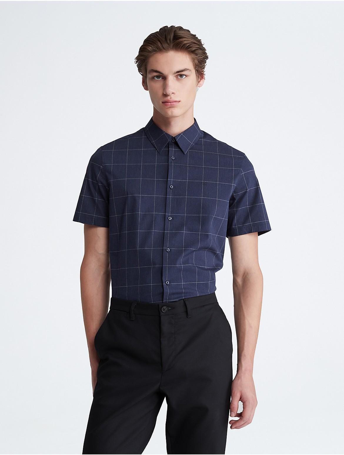 Calvin Klein Mens Windowpane Slim Stretch Short Sleeve Button-Down Shirt - Blue - XXL Product Image