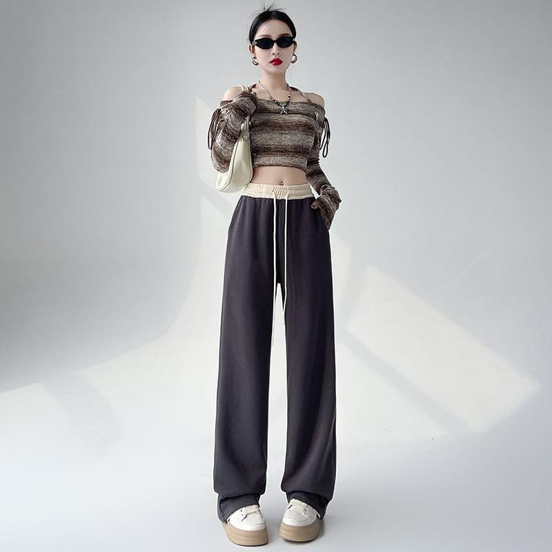 Drawstring Waist Two Tone Wide Leg Sweatpants Product Image