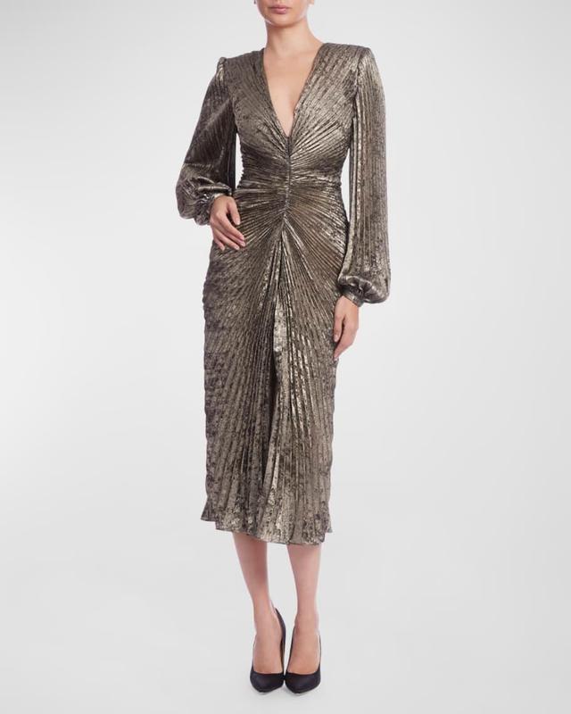 Pleated Metallic Blouson-Sleeve Midi Dress Product Image