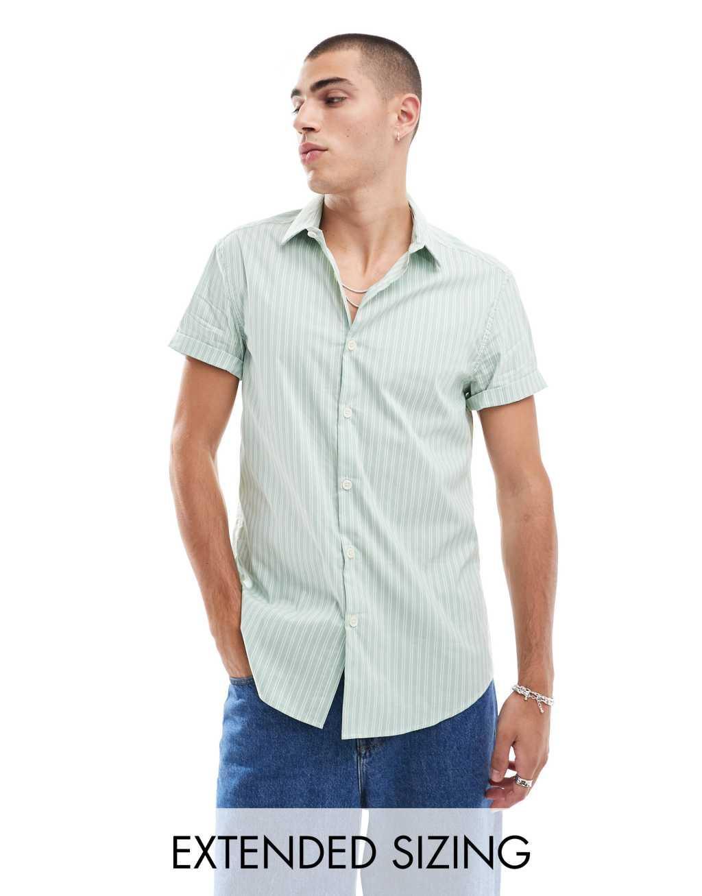 ASOS DESIGN slim work shirt in green and white stripe Product Image