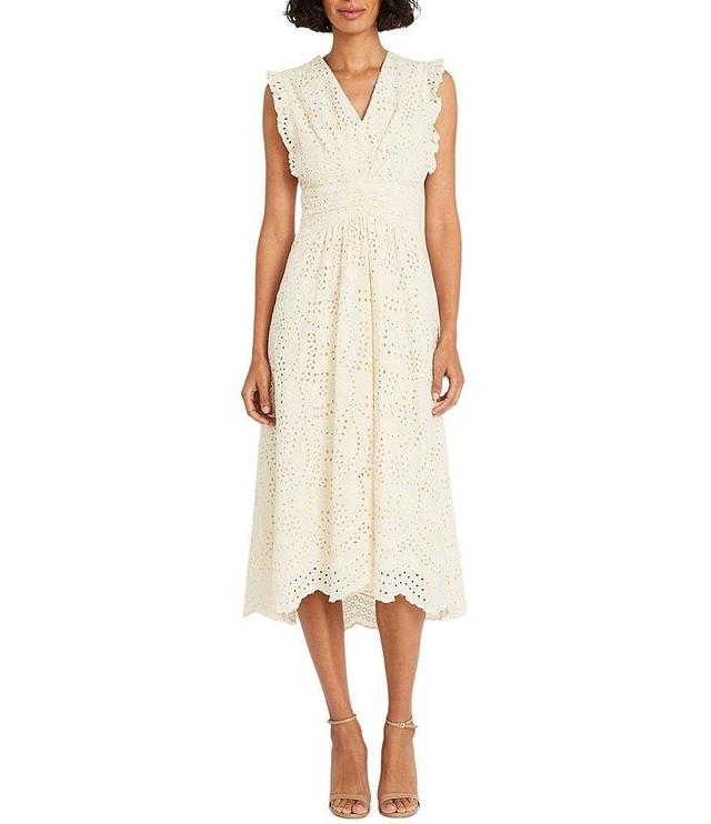 Maggy London Leaf Eyelet V-Neck Ruffle Trim Sleeveless Midi Dress Product Image