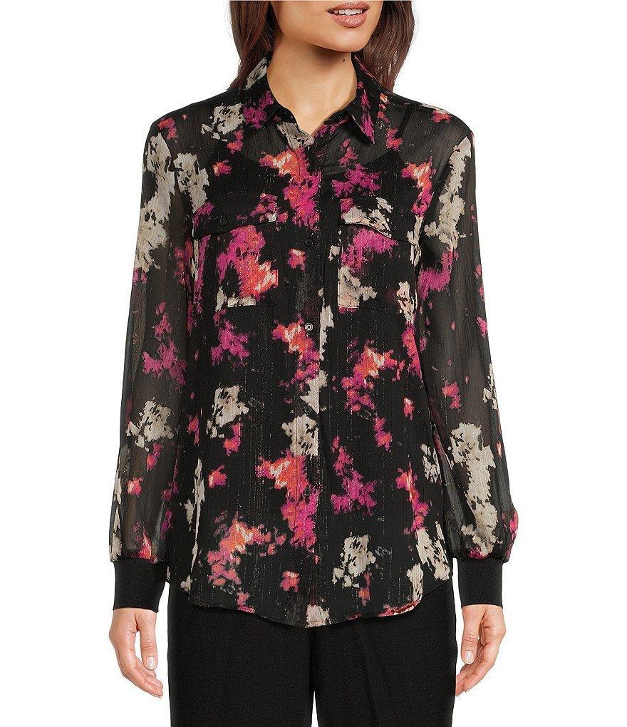 DKNY by Donna Karan Woven Printed Button Down Collar Long Sleeve Blouse Product Image