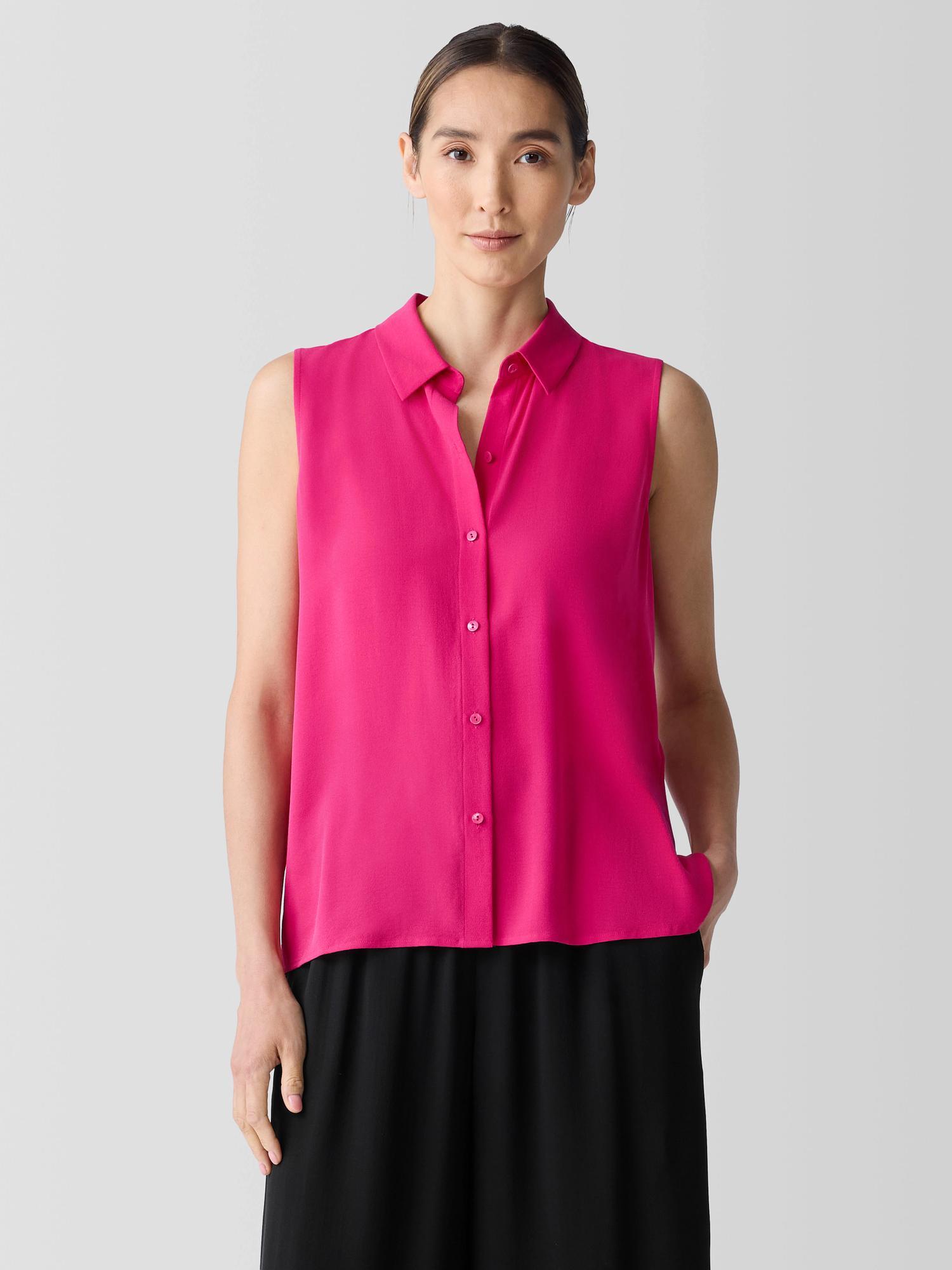 EILEEN FISHER Silk Georgette Crepe Classic Collar Sleeveless Shirtfemale Product Image