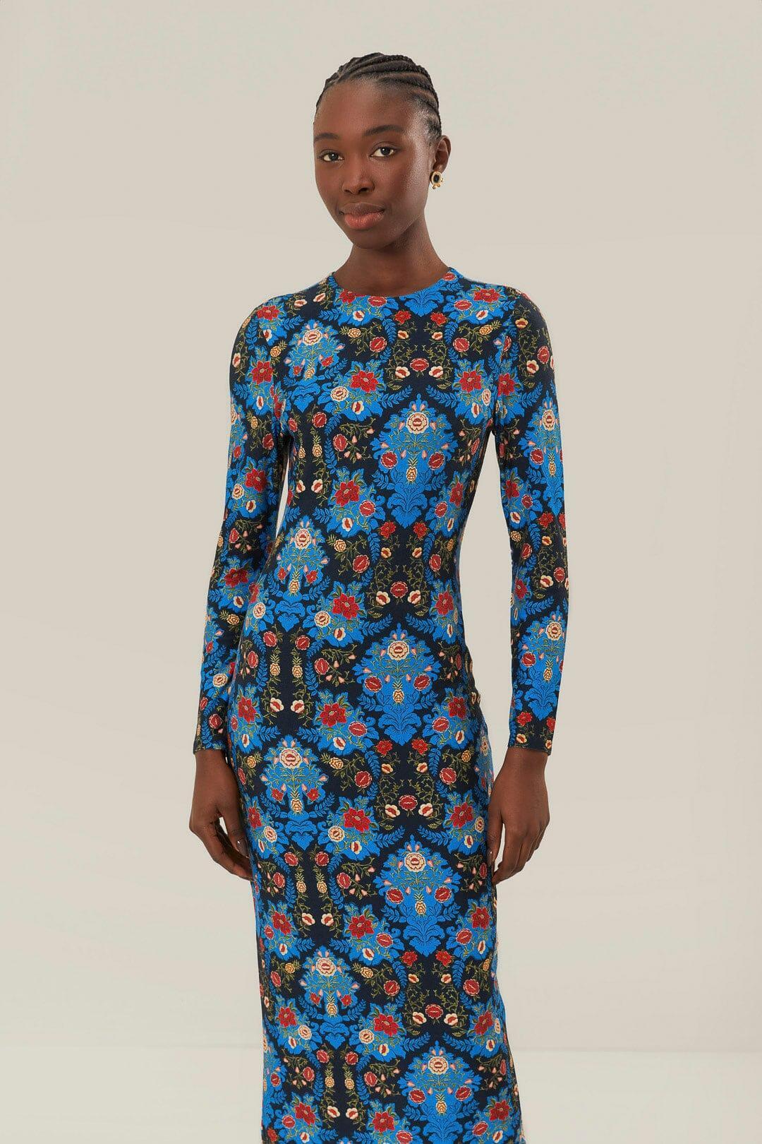 Blue Arabesque Floral Jersey LENZING ECOVERO Midi Dress, ARABESQUE FLORAL BLUE / XXS Product Image