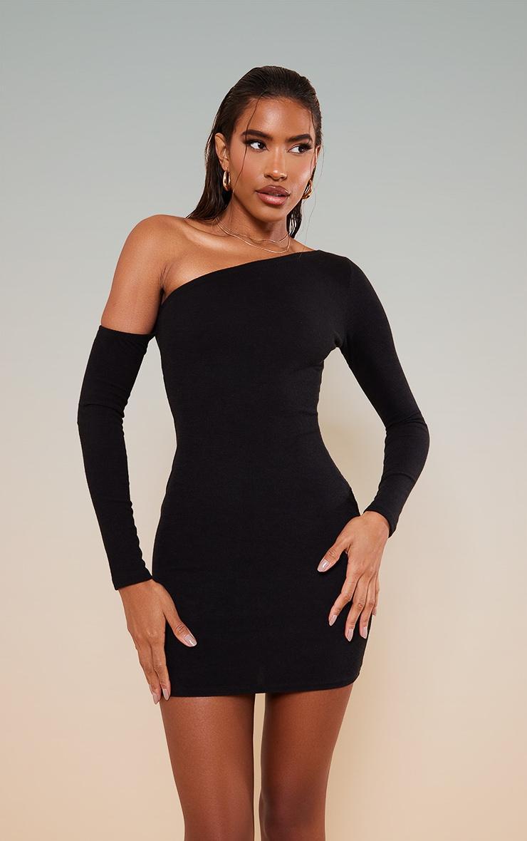 Black Rib Asymmetric Shoulder Bodycon Dress Product Image