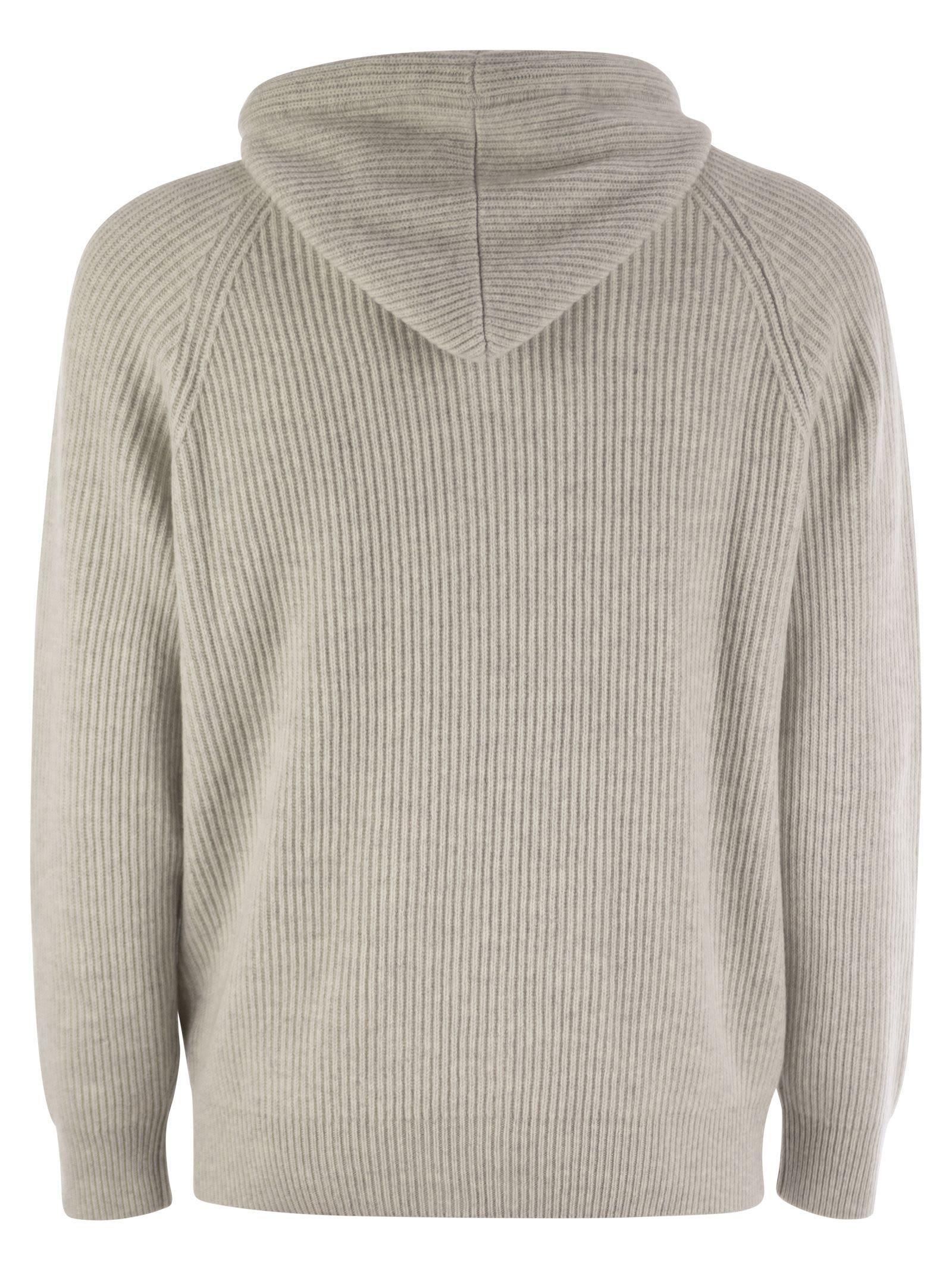 English Rib Cashmere Knit Hooded Topwear In Light Grey Product Image