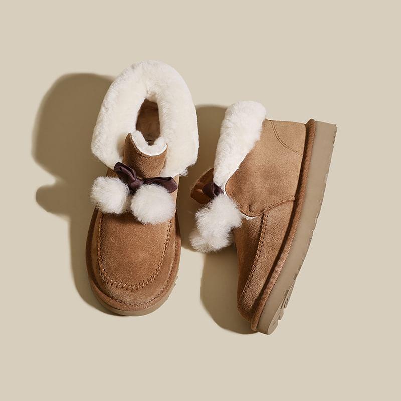 Bow Pom Pom Fleece-Lined Ankle Snow Boots Product Image