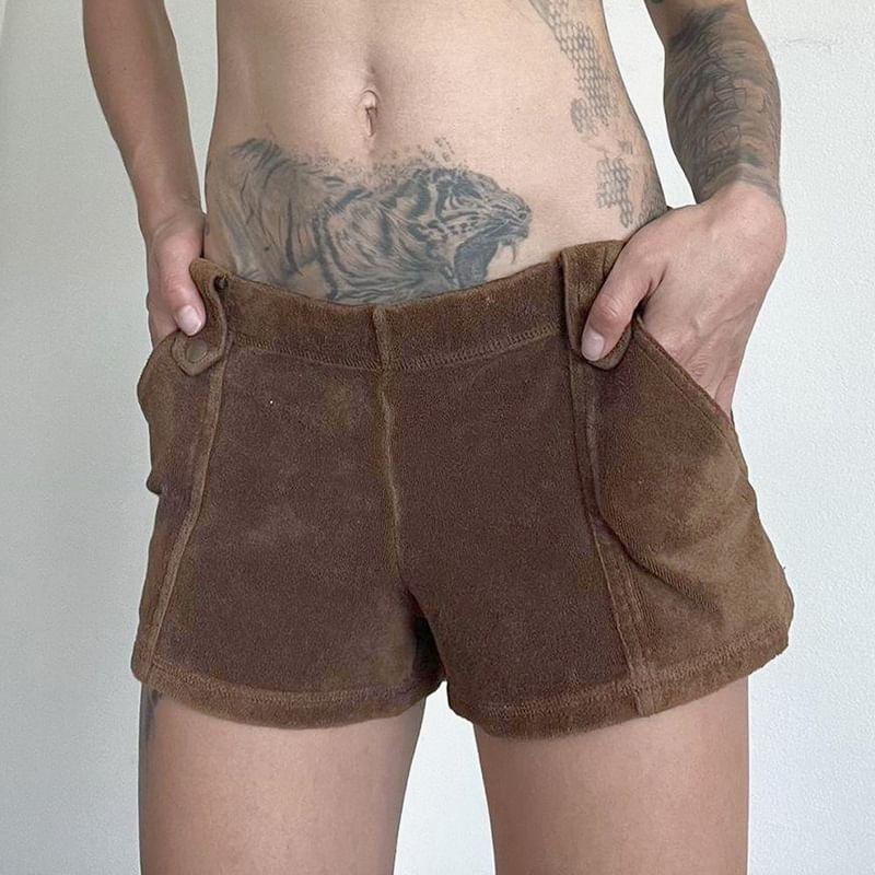 Low Waist Plain Suede Slim-Fit Mini Shorts Product Image