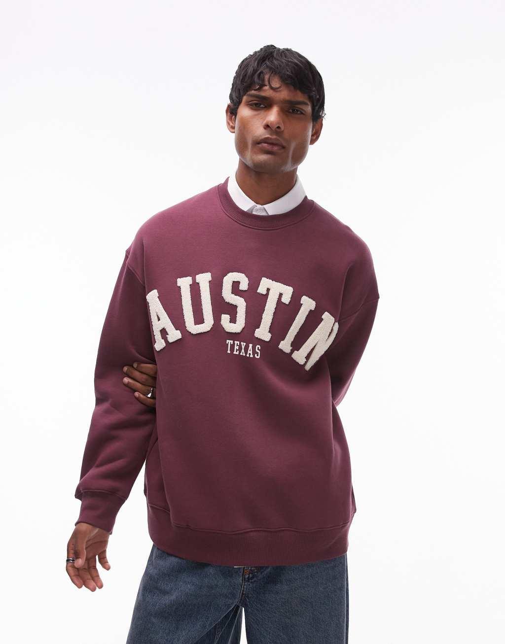 Topman oversized fit sweatshirt with Austin print in burgundy Product Image