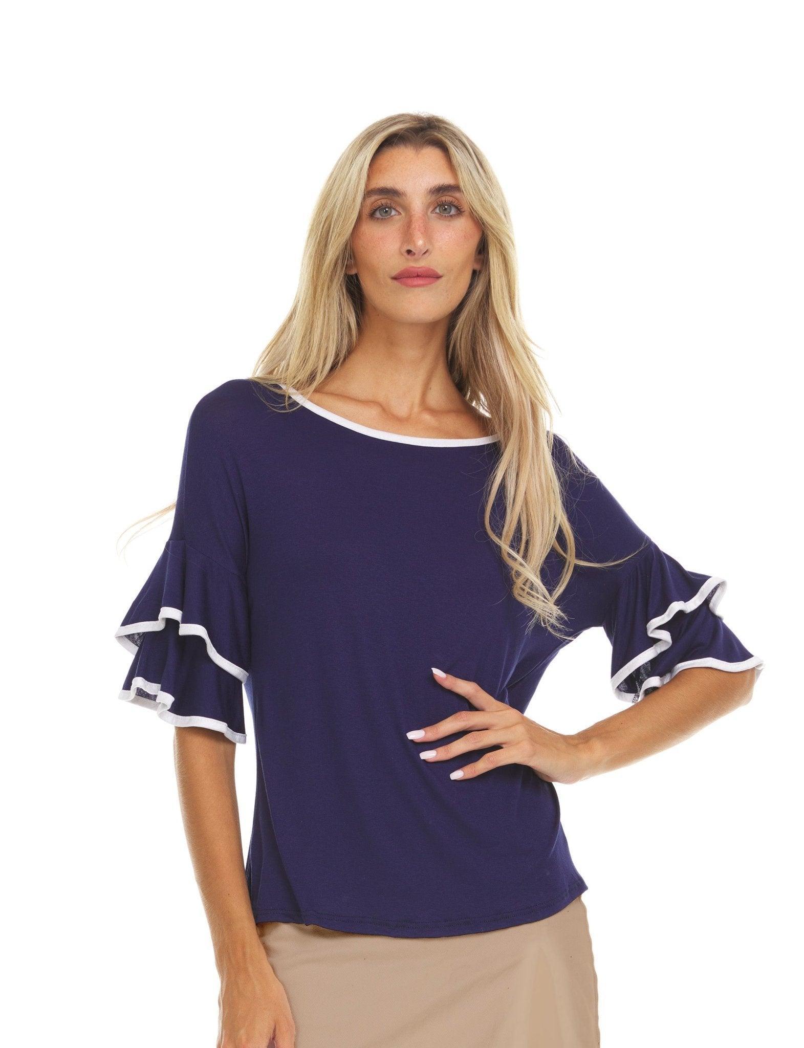 Womens Multi Ruffle Sleeve Top With Contrast Color Trim On Ruffles & Neckline Product Image