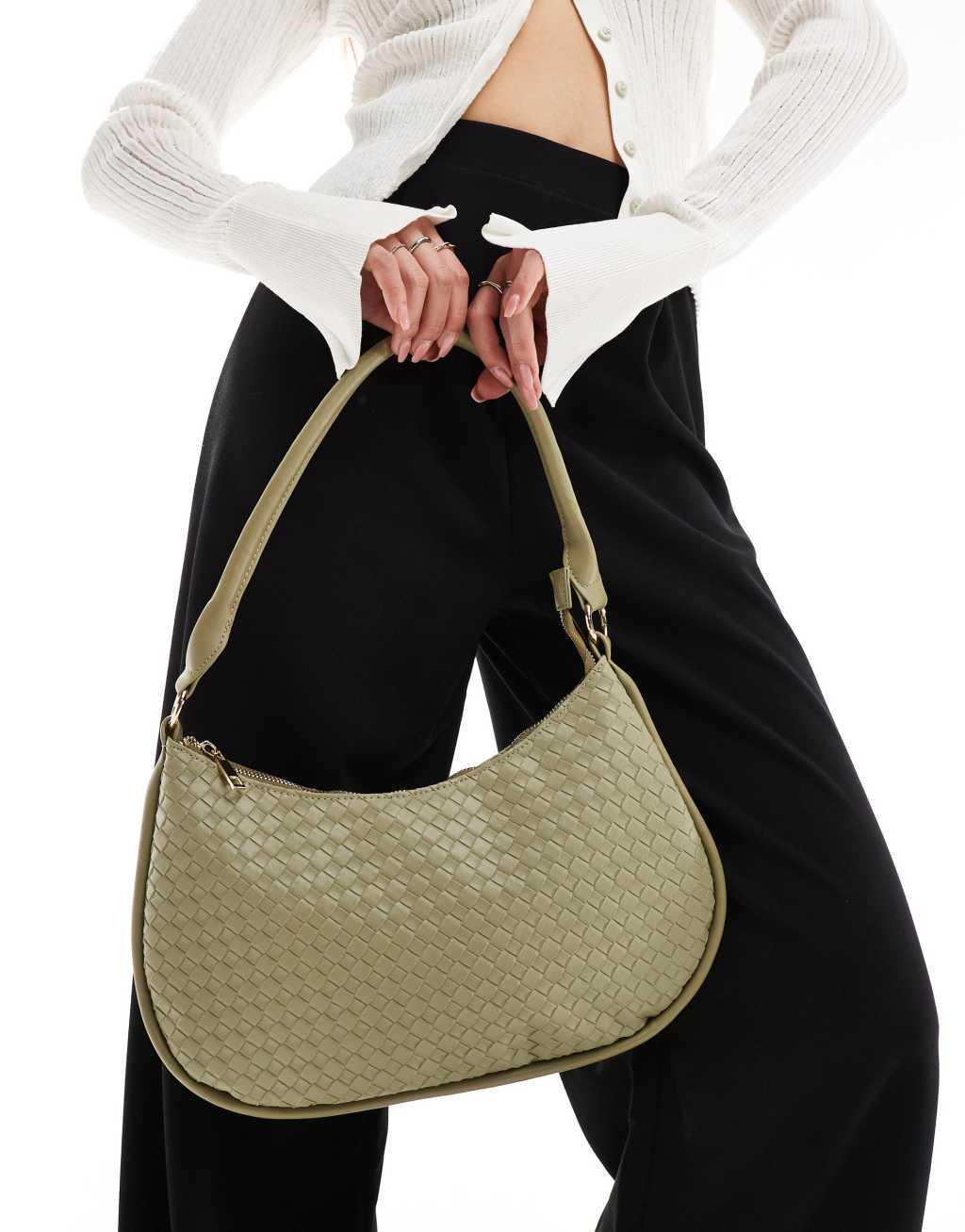 Glamorous woven detail crescent shoulder bag in olive green  Product Image