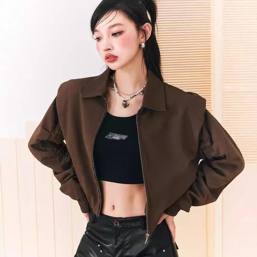 Collar Plain Drawstring Crop Zip Jacket Product Image