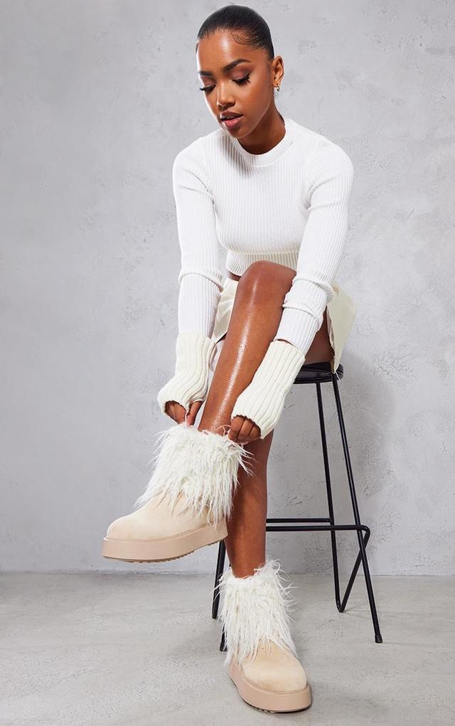 Cream Faux Suede Contrast Faux Fur Ankle Boot Product Image