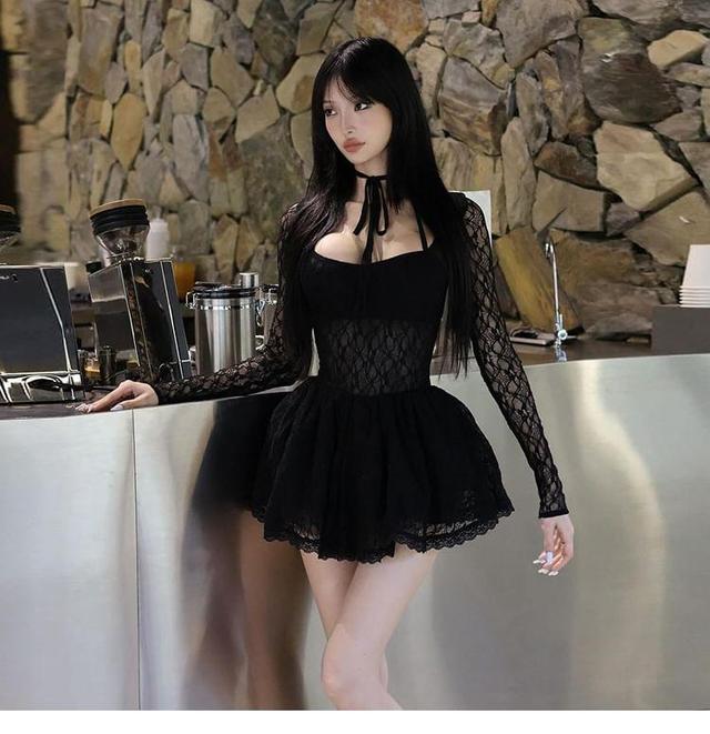 Long-Sleeve Patterned Lace Mini A-Line Dress Product Image