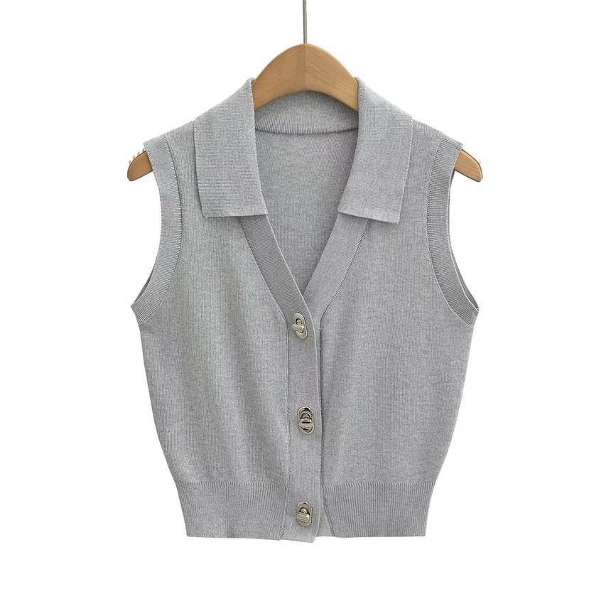 Contrast Trim V-Neck Collared Button-Up Knit Sweater Vest Product Image