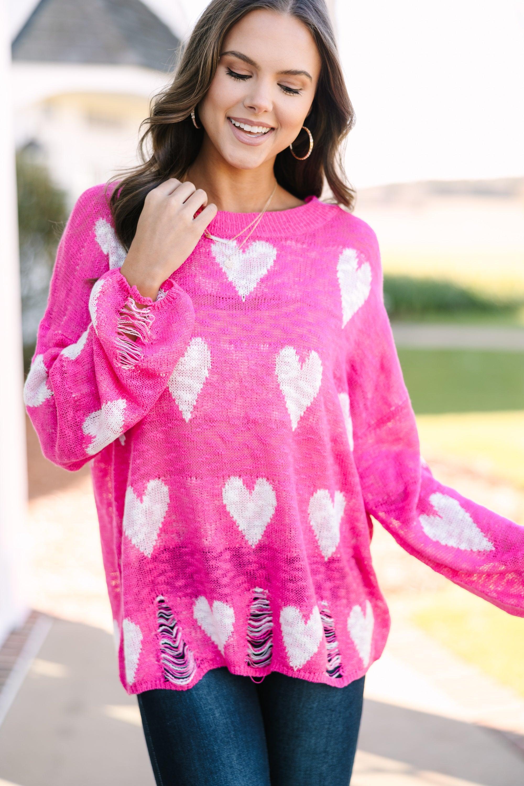 Feeling Like A Queen Fuchsia Pink Heart Print Sweater Female Product Image