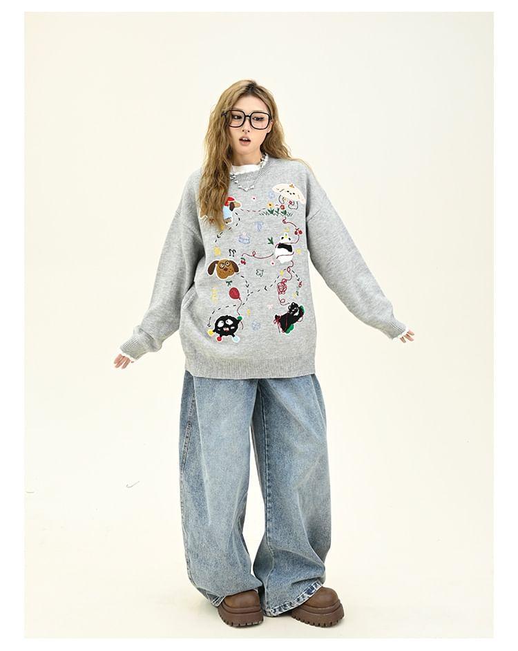 Drop Shoulder Crew Neck Cartoon Embroidered Oversized Sweater Product Image