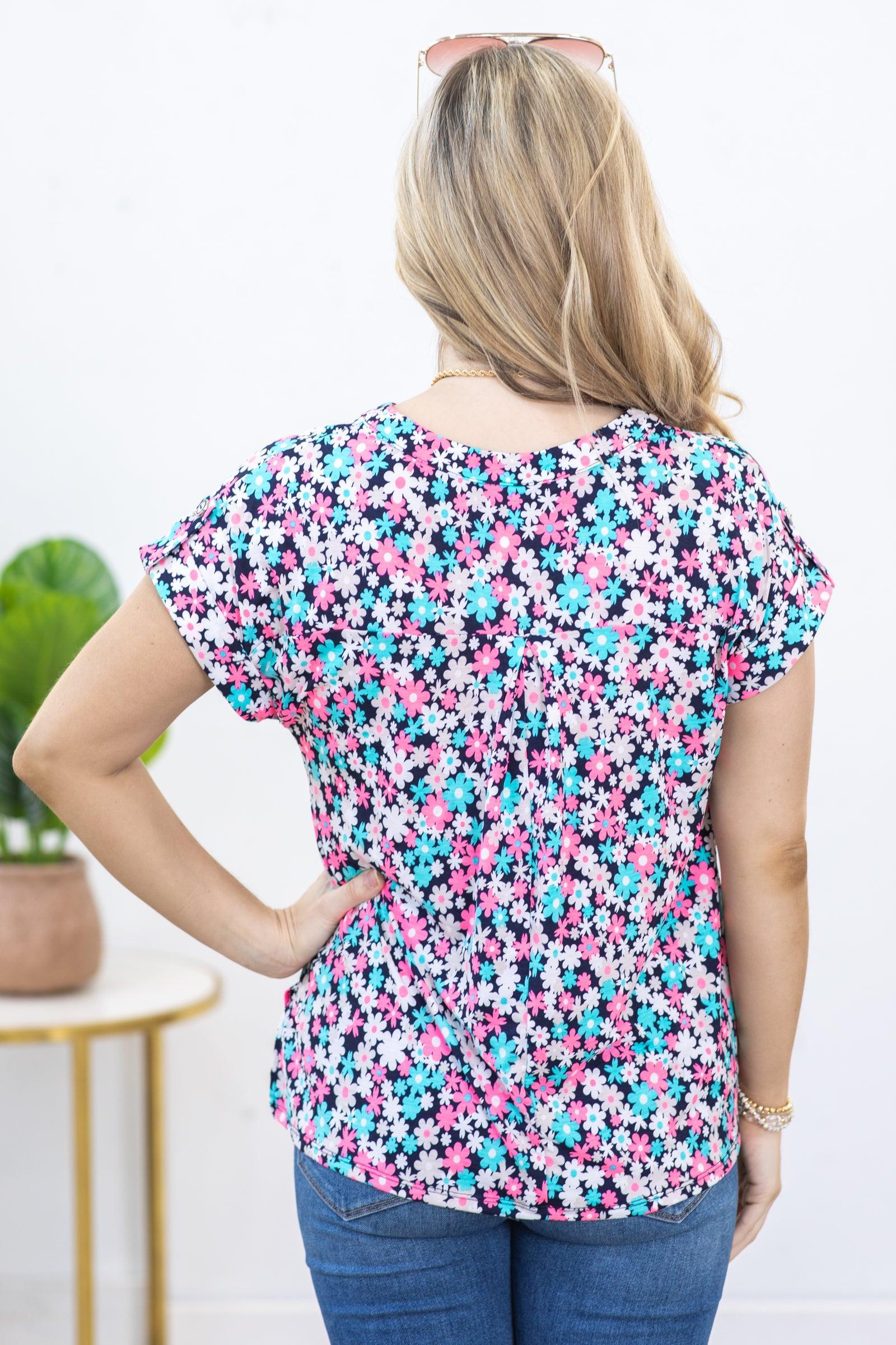 Navy Floral Wrinkle Free Lizzy Top Product Image