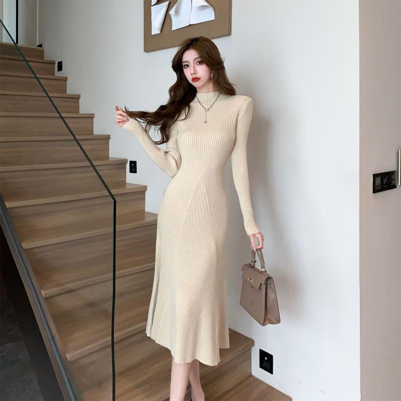 Long-Sleeve Mock Neck Knit Midi Mermaid Dress Product Image