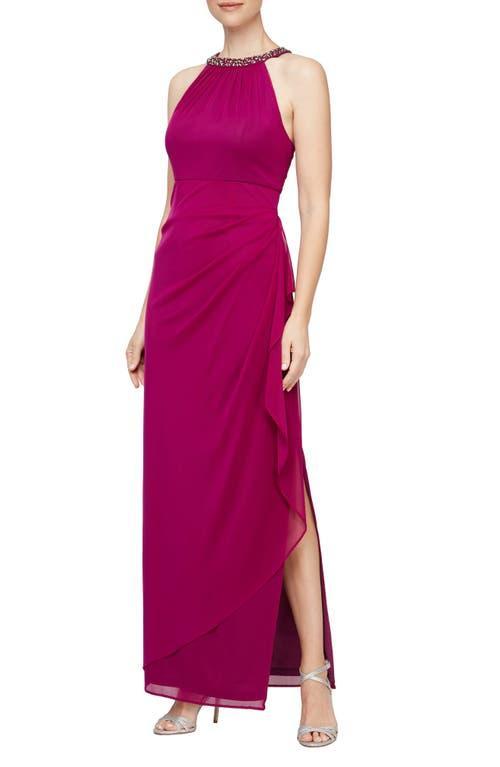 Alex Evenings Beaded Halter Long Gown with Side Ruching (Fuchsia) Women's Dress Product Image