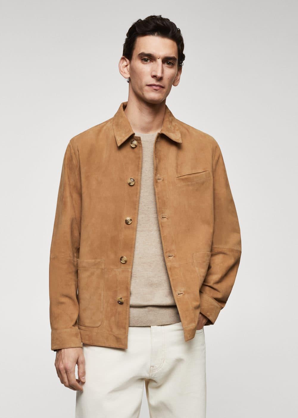 MANGO MAN - Suede leather overshirt with pocket medium brownMen Product Image