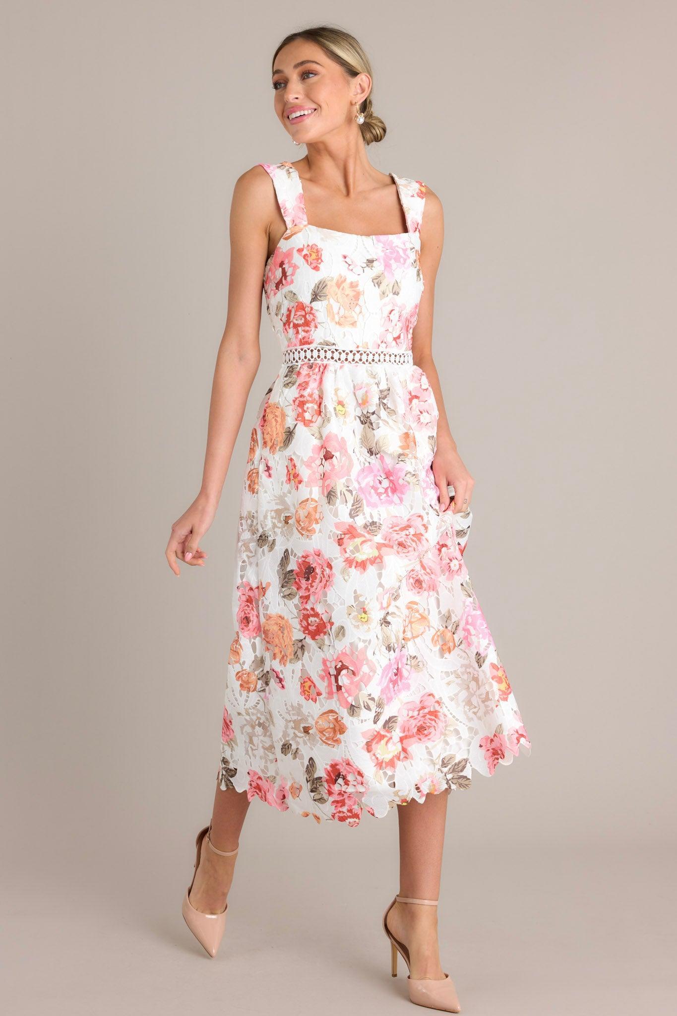 Love Blooms White Multi Floral Lace Midi Dress Product Image