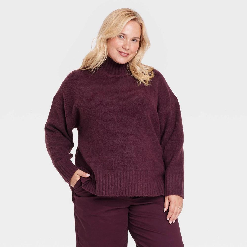 Womens Cozy Knit Mock Turtleneck Pullover Sweater - A New Day Burgundy 2X product image