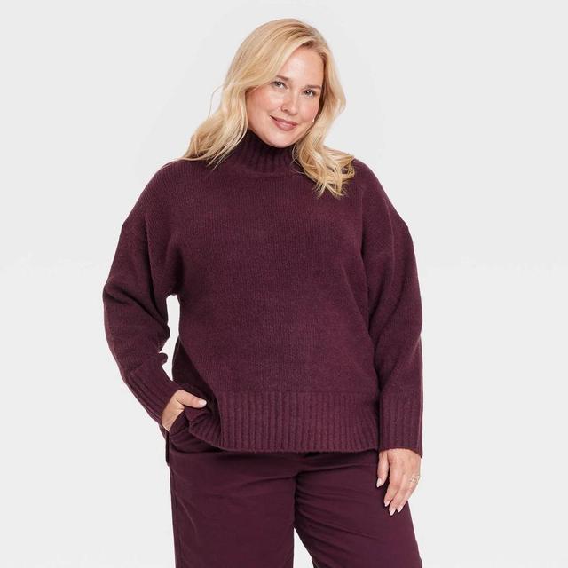 Womens Cozy Knit Mock Turtleneck Pullover Sweater - A New Day Burgundy 3X Product Image