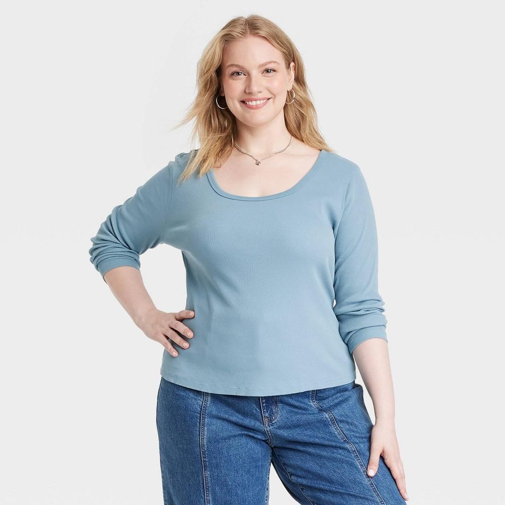 Womens Long Sleeve Rib Scoop Neck T-Shirt - Universal Thread Teal Blue 1X Product Image