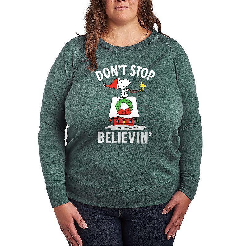 Plus Size Peanuts Believe Snoopy Lightweight French Terry Sweatshirt, Womens Grey Indigo Product Image